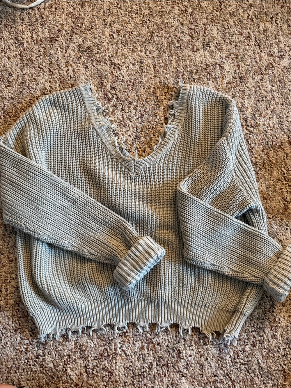 moon & madison Distressed V-Neck Chunky Knit Sweater - Light Taupe